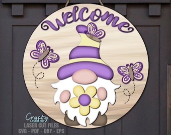 Butterfly Gnome Door Hanger SVG Laser Cut Files: Spring, Summer Welcome Sign SVG