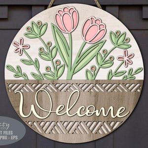Pasen deurhanger SVG - bloemen welkom teken SVG - lasergesneden bestanden - Pasen Svg - mand - madeliefje - tulp - Pasen teken Svg - Glowforge-bestanden