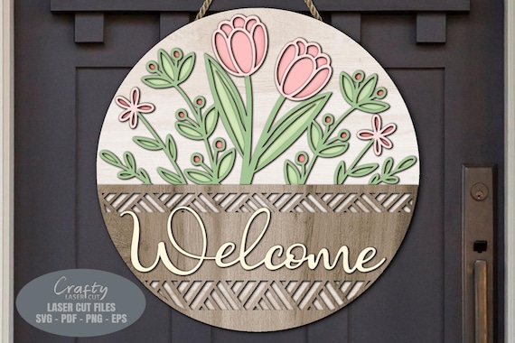 Floral Easter Basket Welcome Sign SVG Laser Cut Files: Tulip, Daisy Door Hanger SVG