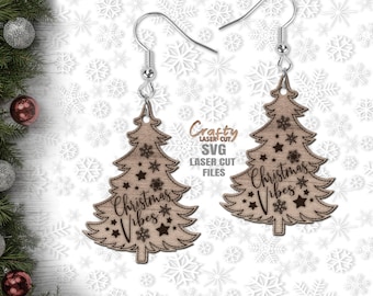 Boucles d'oreilles arbre de Noël Fichiers de découpe laser SVG : Boucle d'oreille flocon de neige SVG, Glowforge, xTool