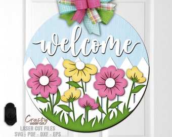 Blommig välkomstskylt SVG - Laserskurna filer - Sommardörrhängare SVG - Vårdörrskylt - Blommig verandaskylt - Blomsterträdgård - Glowforge-filer