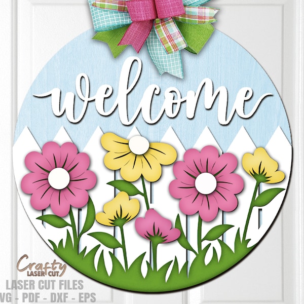 Floral Welcome Sign SVG - Laser Cut Files - Summer Door Hanger SVG - Spring Door Sign - Floral Porch Sign - Flower Garden - Glowforge Files