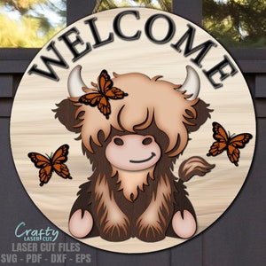 Highland Kuh Willkommensschild Schmetterling SVG - Schmetterling Türschild - Laser Cut Dateien - Schmetterling SVG - Kuh Schmuck - Sommer Türschild - Glowforge Cricut