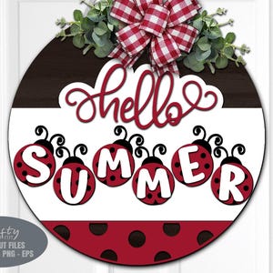 Gancio per porta "Ciao estate" Coccinella in formato SVG - Cartello di benvenuto in formato SVG - File tagliati al laser - Coccinella in formato SVG - Cartello per veranda estivo - Cartello per porta Coccinella - Glowforge
