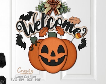 Halloween Türschild SVG Laser geschnitten Dateien: Jack O Lantern Willkommensschild SVG