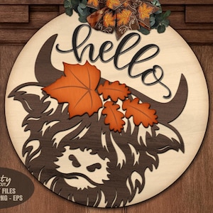 Highland Cow Door Hanger SVG lasergesneden bestanden: Hello Fall Welcome Sign SVG, Glowforge