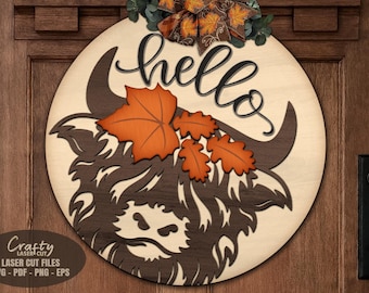 Highland Cow Door Hanger SVG Laser Cut Files: Hello Fall Welcome Sign SVG, Glowforge