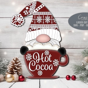 Hot Cocoa Bar Sign SVG - Christmas Gnome SVG - Laser Cut Files - Hot Cocoa Svg - Shelf Sitter - Snowflake - Christmas Decor - Glowforge File