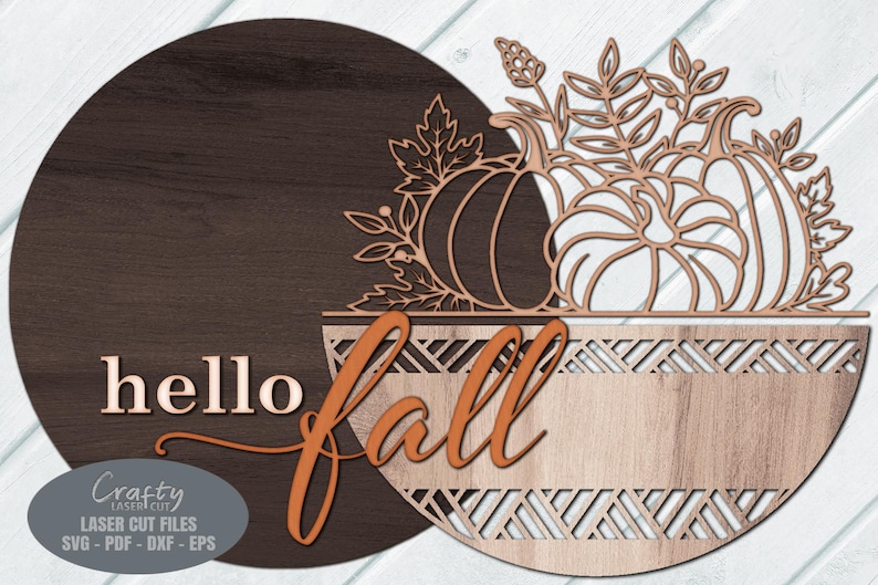 Fall Door Hanger SVG Laser Cut File with a Pumpkin Welcome Sign SVG theme including a trio of pumpkins and fall leaves in a basket for use with your Glowforge, XTool and other laser machines.