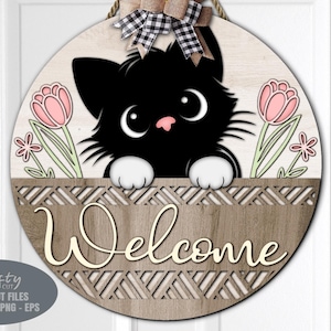 Accroche-porte floral chat SVG - signe de bienvenue SVG - fichiers découpés au laser - panier - marguerite - tulipe - chat signe Svg - décoration printanière - fichiers Glowforge