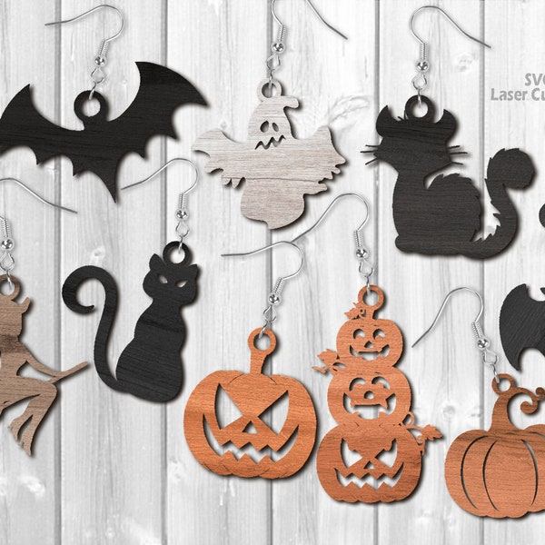 Halloween Earrings SVG - Halloween Svg - Halloween Dangle Earrings - Laser Cut Files - Earring Template - Ghost Pumpkin Witch Bat Earrings