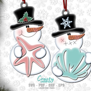 Ornamento de boneco de neve à beira-mar SVG - Arquivos cortados a laser - Boneco de neve SVG - SVG de Natal na praia - Floco de neve Svg - Estrela do mar - Concha - Arquivos Glowforge
