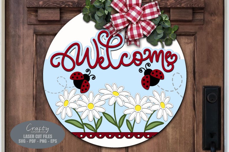 Summer Door Hanger SVG Laser Cut Files, Ladybug Daisy Welcome Sign SVG ...