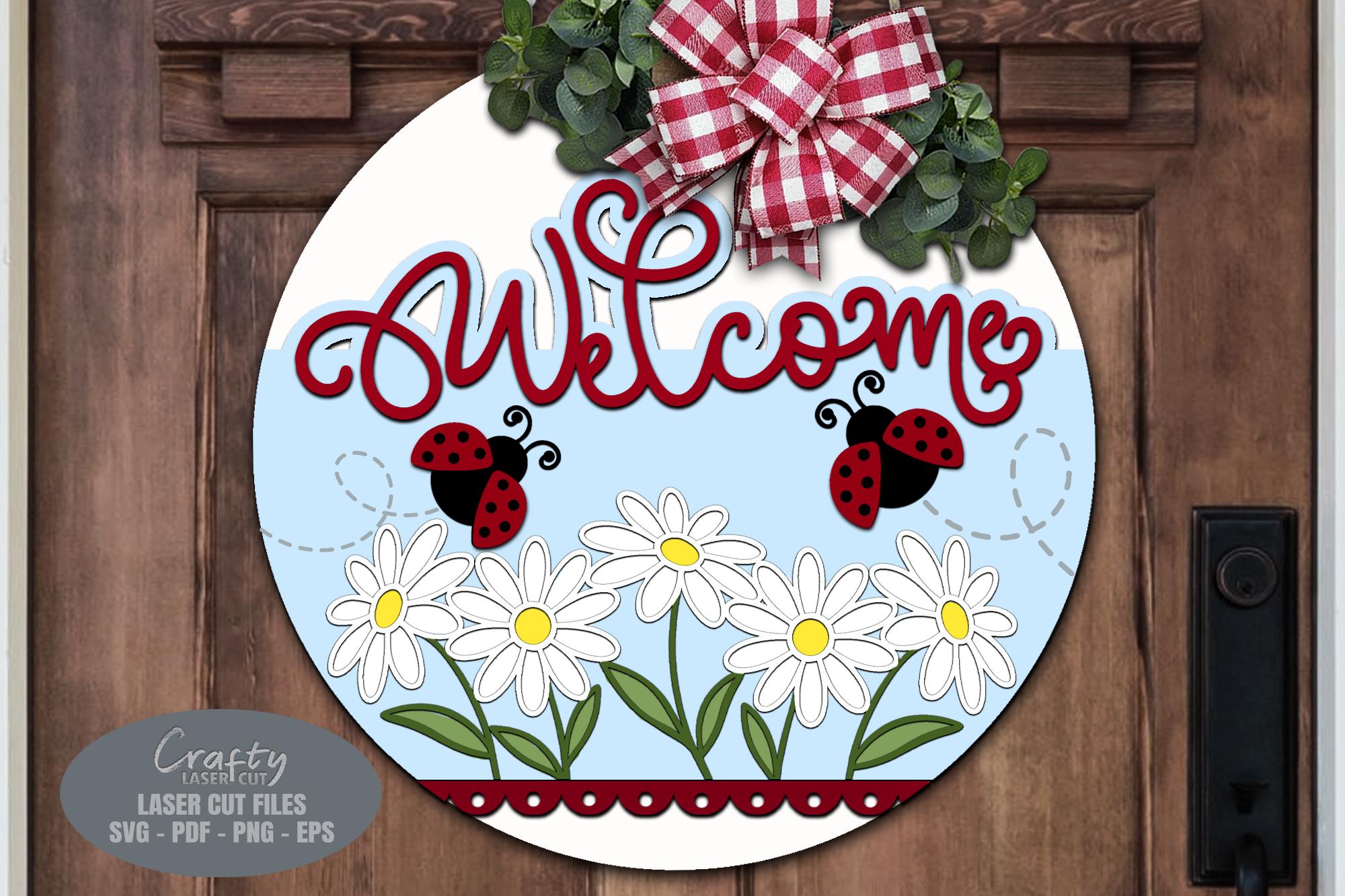Summer Door Hanger SVG Laser Cut Files, Ladybug Daisy Welcome Sign SVG ...