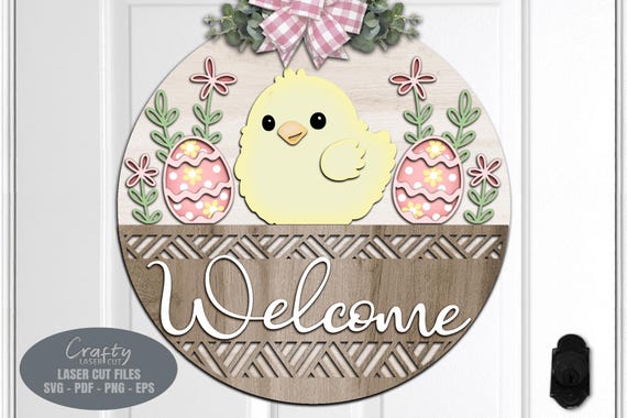Floral Easter Egg Basket Door Hanger SVG: Chick, Daisy Welcome Sign SVG, Glowforge
