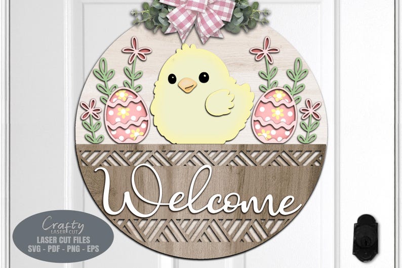 Easter Door Hanger SVG - Easter Egg - Welcome Sign SVG - Chick SVG - Laser Cut Files - Basket - Daisy - Floral Easter Sign - Glowforge Files - Easter Decor - Easter Door Sign SVG - round door hanger - Cnc files