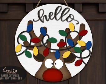 Reindeer Door Hanger SVG Laser Cut Files: Christmas Welcome Sign SVG, Glowforge