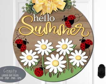 Daisy Summer Door Hanger Svg - Hello Summer Welcome Sign Svg - Ladybug ...