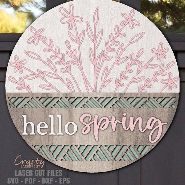 Hello Spring Door Hanger SVG - Laser Cut Files - Floral SVG - Daisy SVG - Basket Svg - Welcome Sign Svg - Front Door Sign - Glowforge Files