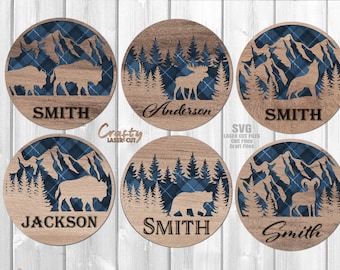 Monogram Wildlife Coaster SVG Bundle: Moose, Bear, Buffalo, Wolf, Sheep Laser Cut Files for Glowforge And XTool