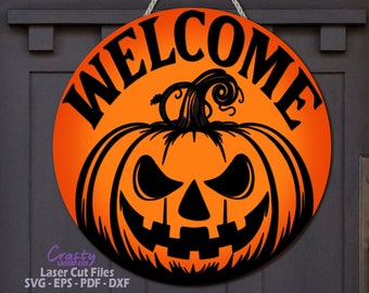 Halloween Welcome Sign SVG Laser Cut Files: Spooky Pumpkin Door Hanger SVG