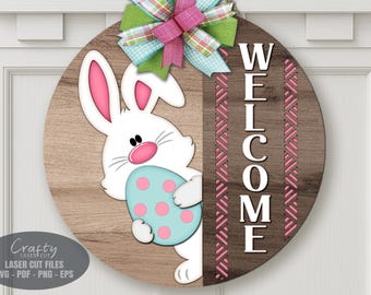 Easter Bunny Door Hanger SVG Laser Cut Files, Egg Basket Welcome Sign SVG, Glowforge