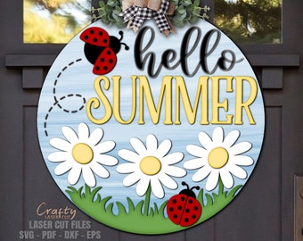 Summer Door Hanger SVG - Laser Cut Files - Daisy SVG - Ladybug Svg - Hello Summer SVG - Welcome Sign Svg - Floral Door Sign - Glowforge File