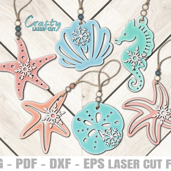 Seaside Ornament SVG Bundle - Laser Cut Files - Beach Svg - Christmas SVG - Seashell Svg - Snowflake Svg - Starfish Svg - Glowforge Files