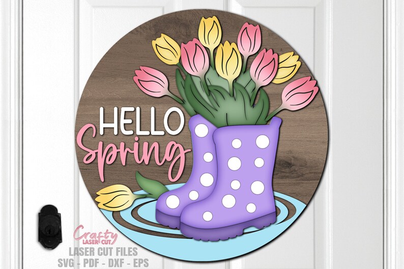 Spring Rain Boots Door Hanger SVG - Spring Door Sign - Laser Cut File - Rain Boots SVG - Tulip Svg - Hello Spring SVG - Welcome Sign Svg - round door hanger - Glowforge File - cnc files