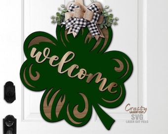St Patricks Day Door Hanger SVG Laser Cut Files: Shamrock Welcome Sign SVG, Glowforge