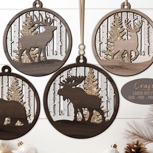 Rustic wildlife ornament SVG laser cut files for holiday crafting and Christmas tree decor.