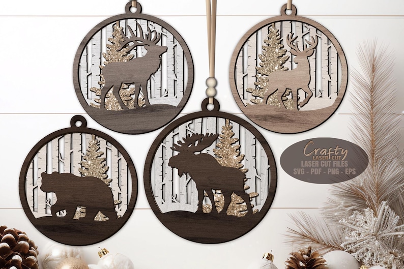 Rustic wildlife ornament SVG laser cut files for holiday crafting and Christmas tree decor.