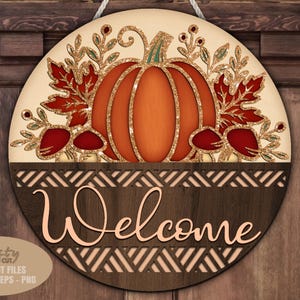 Thanksgiving door hanger SVG laser cut files; a fall welcome sign svg with a pumpkin and floral accents for Glowforge and XTool laser machines.