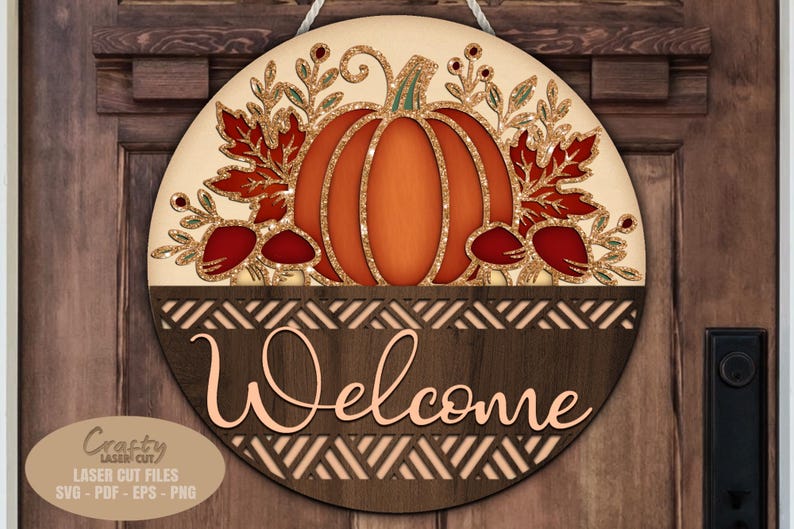 Thanksgiving door hanger SVG laser cut files; a fall welcome sign svg with a pumpkin and floral accents for Glowforge and XTool laser machines.
