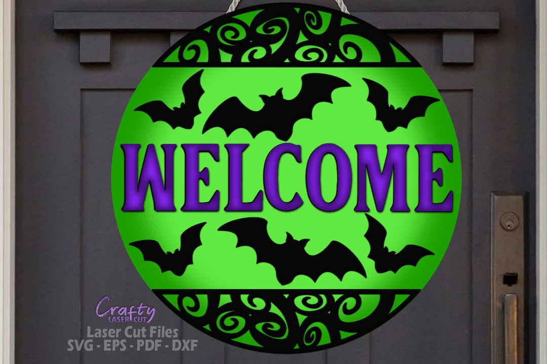Halloween Door Hanger SVG Laser Cut Files: Bat Welcome Sign SVG ...