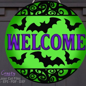 Zawieszka na drzwi nietoperza SVG - Znak powitalny SVG - Halloween SVG - Pliki cięte laserowo - Znak na drzwi Halloween - Dekoracja na Halloween - Pliki Glowforge