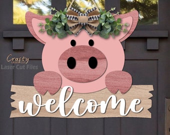 Pig Door Hanger SVG Laser Cut Files: Farmhouse Welcome Sign SVG for Glowforge and XTool