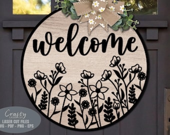 Blommig välkomstskylt SVG - Laserskurna filer - Blomsterträdgård dörrhängare SVG - Vår dörrskylt - Blommig skylt Svg - Sommar SVG - Glowforge-fil