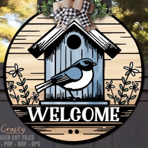 Birdhouse Door Hanger SVG - Welcome Sign Svg - Glowforge Laser Cut Files - Daisy SVG - Birdhouse SVG - Summer Svg - Birdhouse Door Sign
