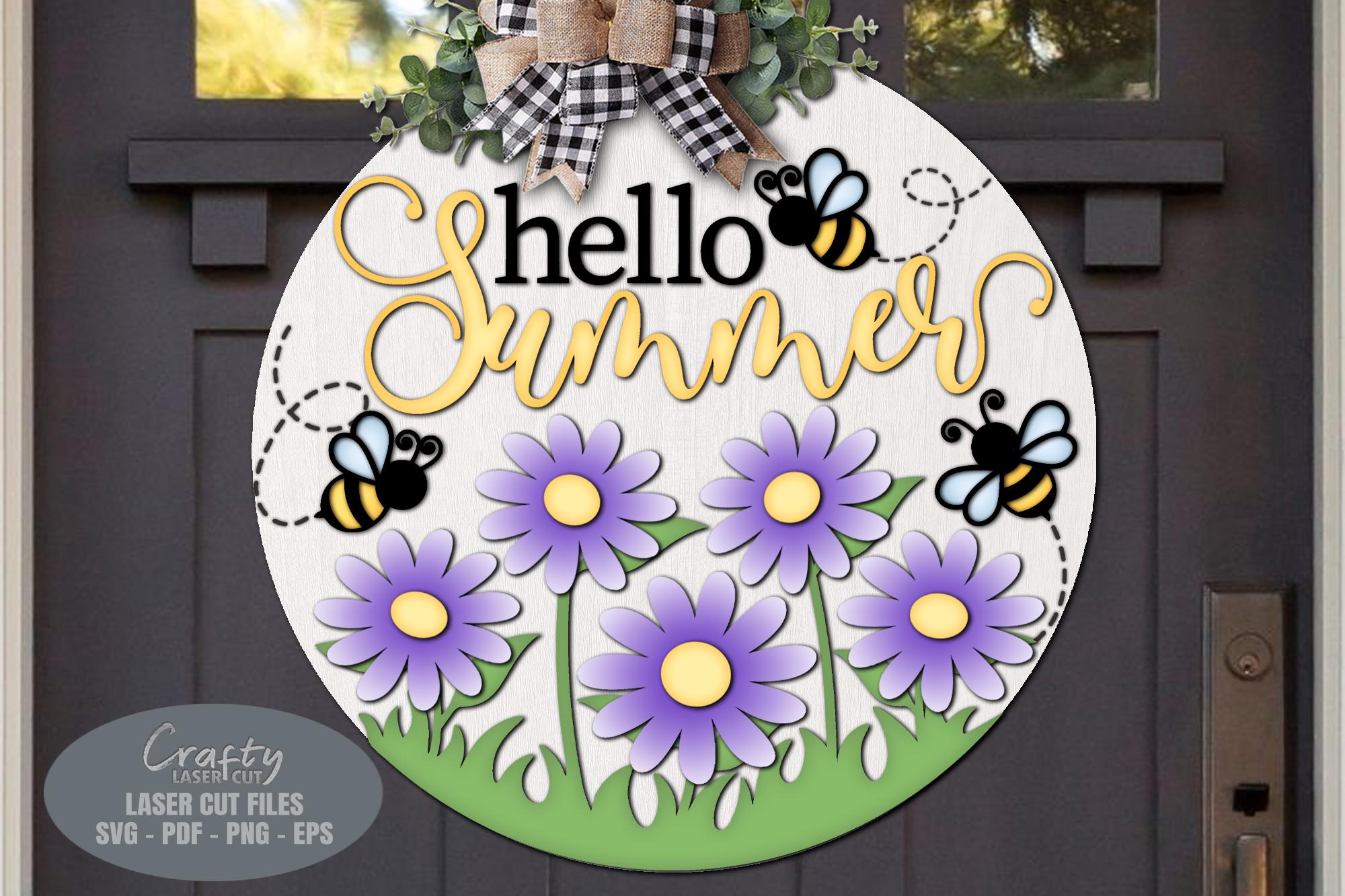 Hello Summer Door Hanger SVG Laser Cut Files: Bee & Daisy Welcome Sign ...