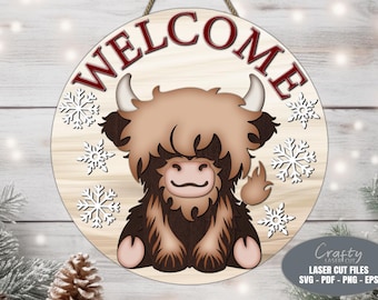 Christmas Door Hanger SVG - Highland Cow SVG - Welcome Sign SVG - Laser Cut Files - Snowflake Svg - Christmas Decor - Glowforge Files