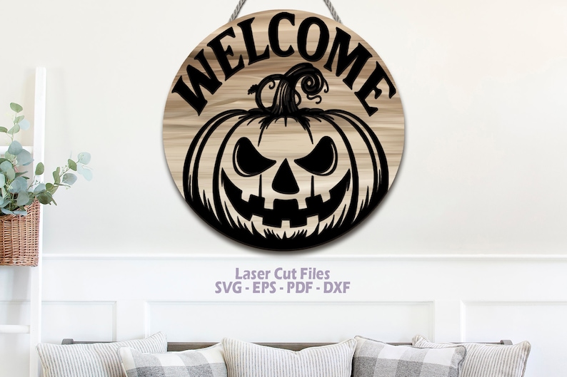 Halloween Welcome Sign SVG Laser Cut Files: Spooky Pumpkin Door Hanger ...