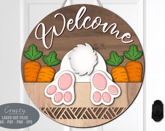 Easter Bunny Door Hanger SVG - Placa de boas-vindas SVG - Arquivos cortados a laser - Easter Bunny SVG - Carrot Patch - Placa de porta de Páscoa - Arquivos Glowforge