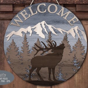Panneau de bienvenue wapiti SVG - accroche-porte forêt SVG - fichiers découpés au laser - montagnes SVG - Svg wapiti - panneau de porte wapiti - décor de cabine - fichiers Glowforge