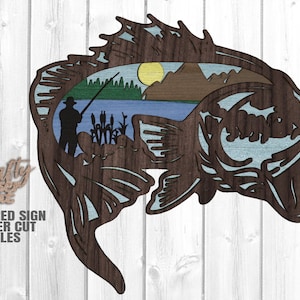 File in formato SVG di taglio laser per spigola, pesca in formato SVG, decorazione per spigola, insegna per porta di pesce, arredamento cabina, formato Svg lago, foresta in formato Svg, scena del lago, file Glowforge