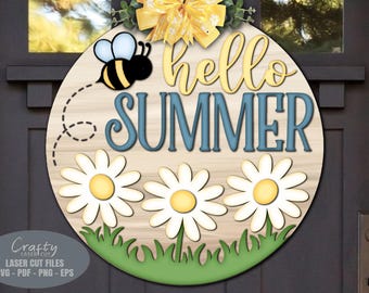 Summer Door Hanger SVG - Hello Summer SVG - Laser Cut Files - Daisy SVG - Bee Svg - Welcome Sign Svg - Floral Door Sign - Glowforge Files