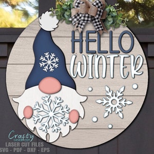 Gnome Türschild SVG - Hallo Winter geschnitten Dateien - Gnome SVG - Schneeflocke SVG - Willkommensschild zwar - Gnome Türschild - Glowforge-Datei
