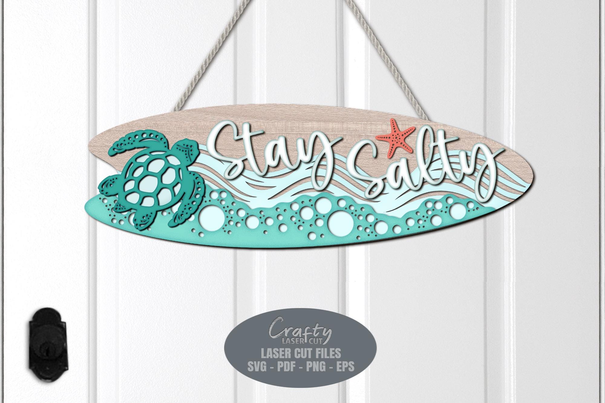 Surfboard Door Hanger SVG Laser Cut Files: Beach Turtle Welcome