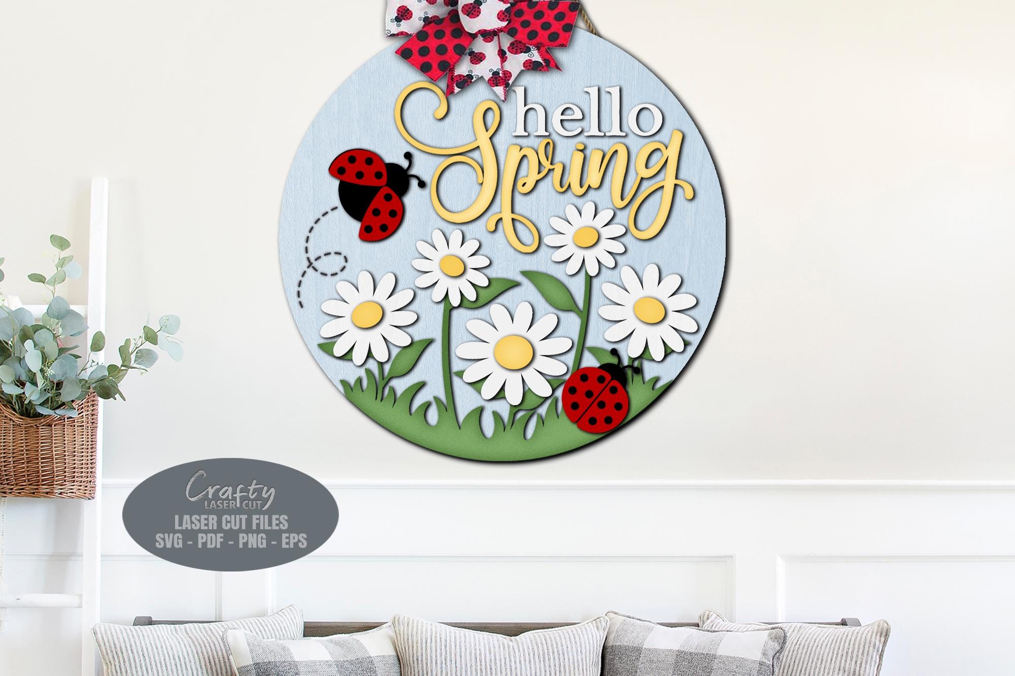 Hello Spring Door Hanger SVG Laser Cut Files: Ladybug Daisy Welcome ...