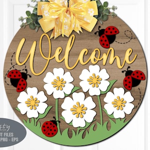 SVG per appendino floreale estivo - SVG coccinella - SVG cartello di benvenuto - File tagliati al laser - SVG estate - Cartello floreale per porta - File Glowforge - Cricut